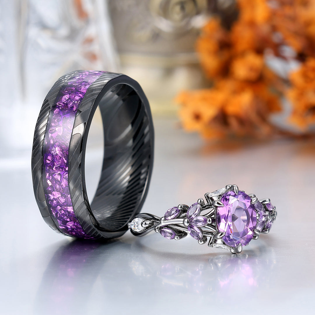 Art Deco Purple Amethyst Engagement Promise Couple Rings His and Hers Wedding Band