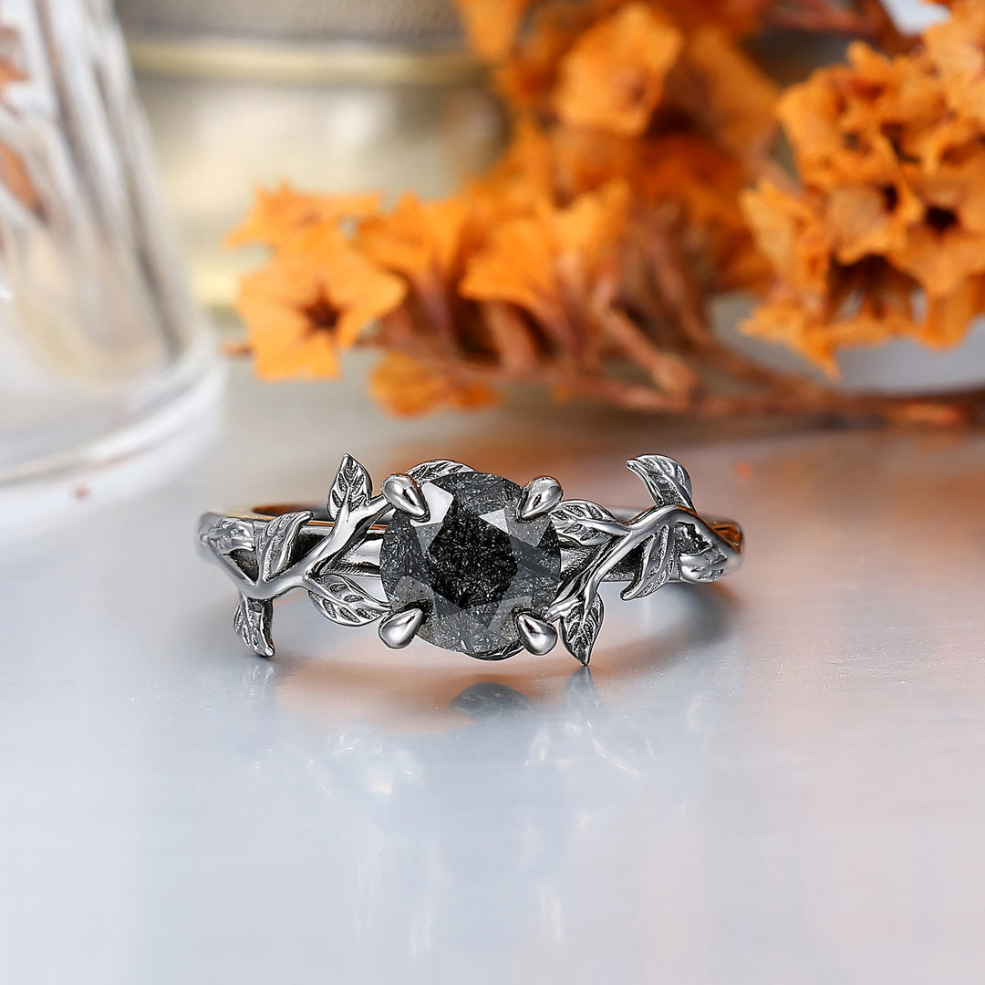 Solitaire 0.8CT Round Cut Natural Black Rutilated Quartz Engagement Couples Ring Set