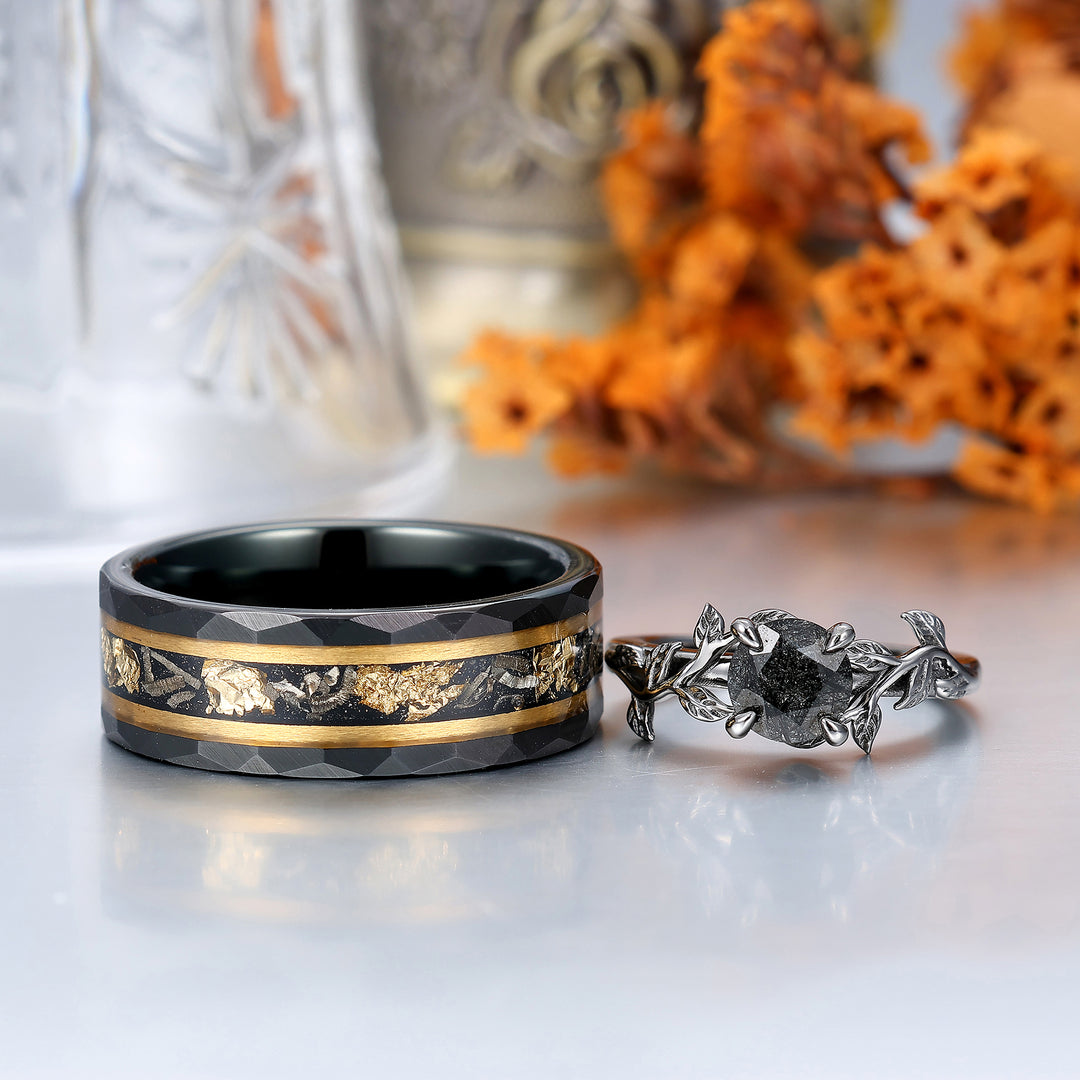 Solitaire 0.8CT Round Cut Natural Black Rutilated Quartz Engagement Couples Ring Set