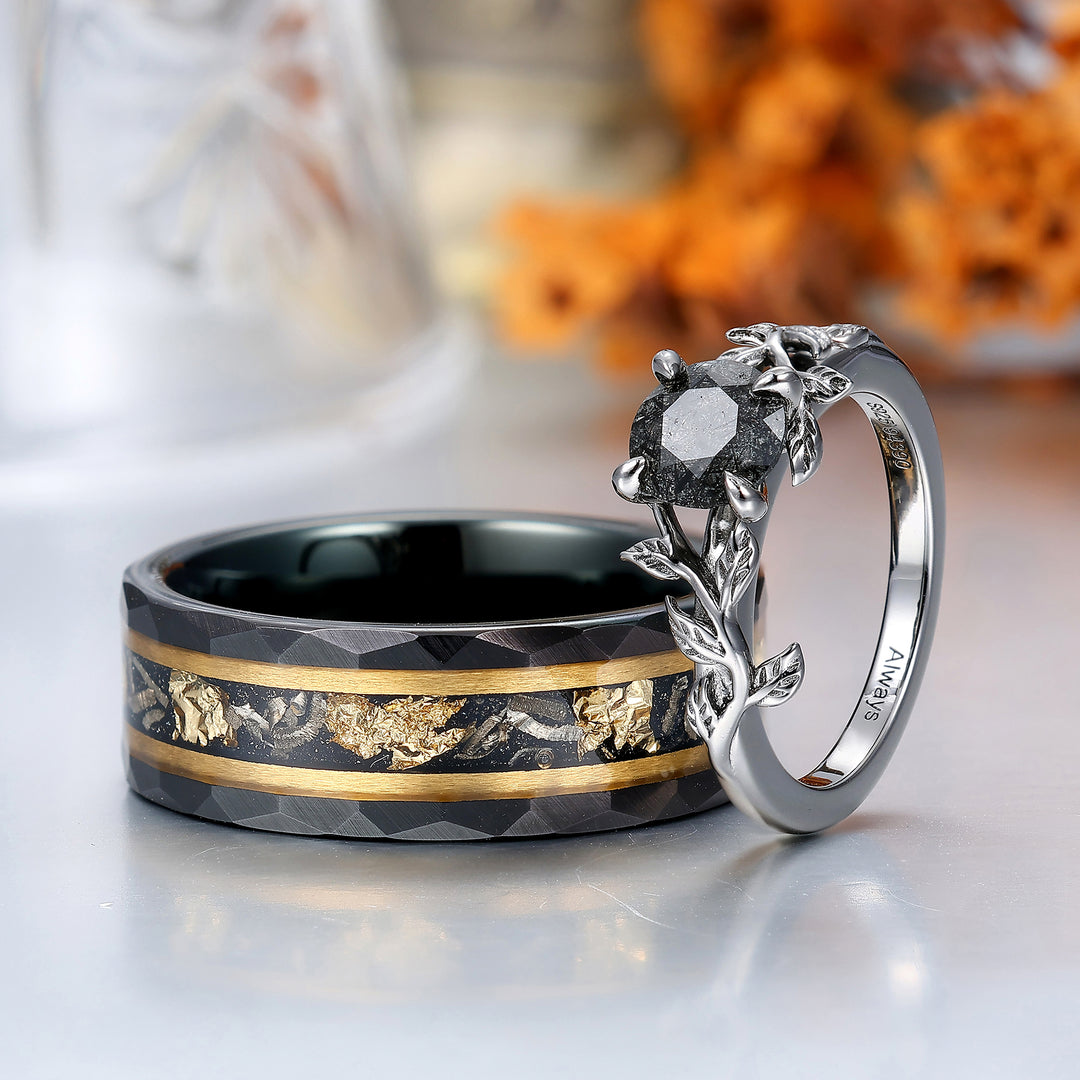 Solitaire 0.8CT Round Cut Natural Black Rutilated Quartz Engagement Couples Ring Set