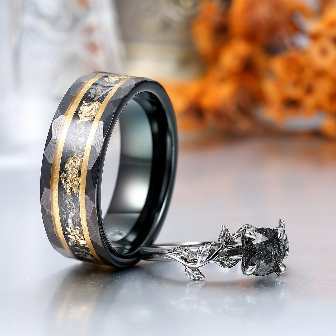 Solitaire 0.8CT Round Cut Natural Black Rutilated Quartz Engagement Couples Ring Set