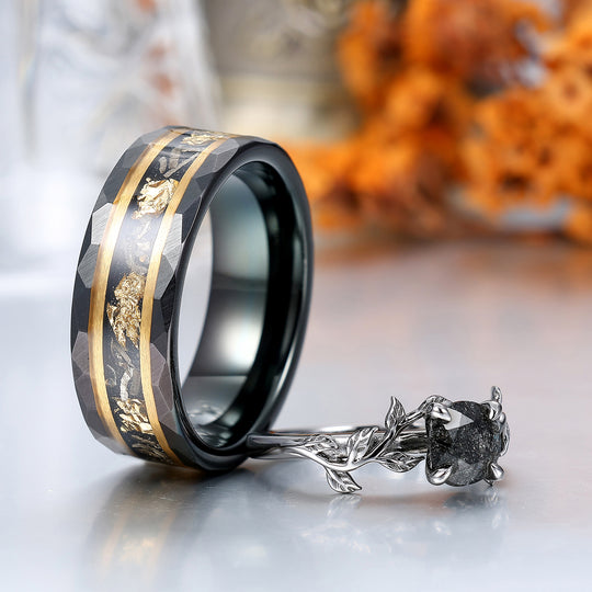 Solitaire 0.8CT Round Cut Natural Black Rutilated Quartz Engagement Couples Ring Set