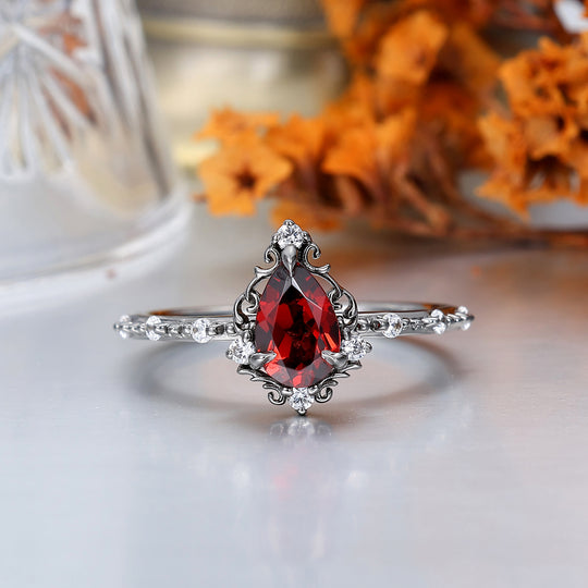 Vintage Natural Red Garnet Filigreed Engagement Couple Rings Matching Promise Hammered Birthday Rings