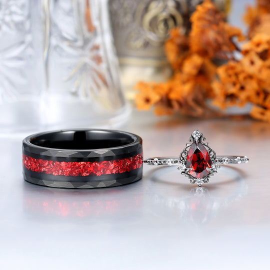 Vintage Natural Red Garnet Filigreed Engagement Couple Rings Matching Promise Hammered Birthday Rings