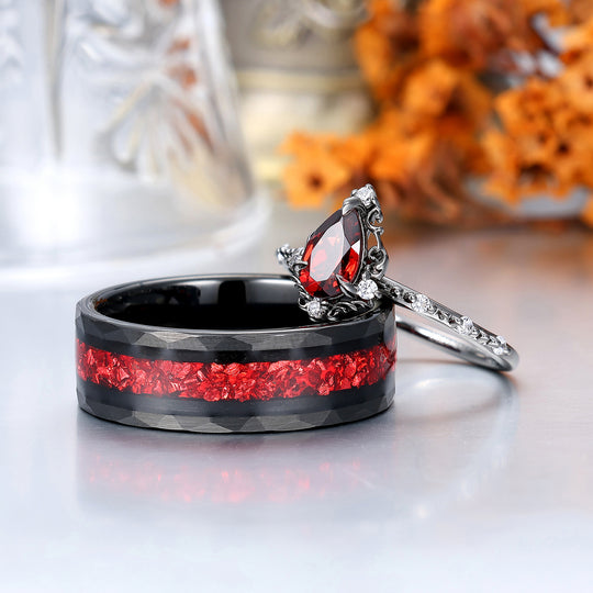 Vintage Natural Red Garnet Filigreed Engagement Couple Rings Matching Promise Hammered Birthday Rings