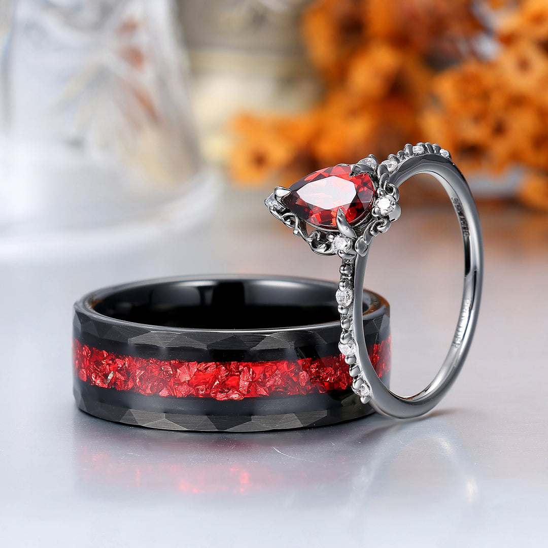 Vintage Natural Red Garnet Filigreed Engagement Couple Rings Matching Promise Hammered Birthday Rings