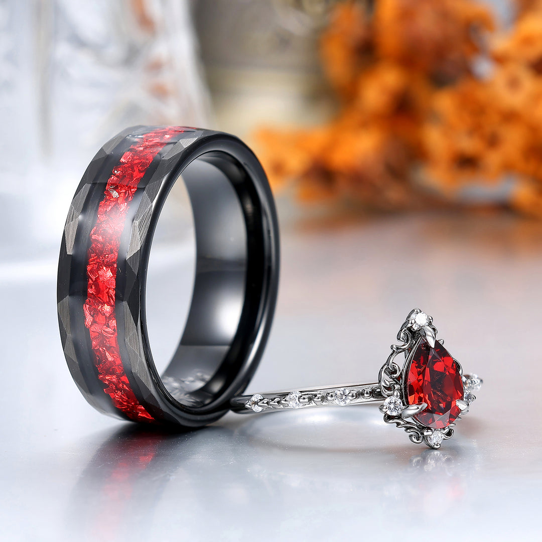 Vintage Natural Red Garnet Filigreed Engagement Couple Rings Matching Promise Hammered Birthday Rings