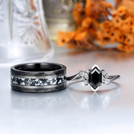 Noble Natural Black Onyx Accents Engagement Couples Ring Promise Wedding Bands For Men And Women