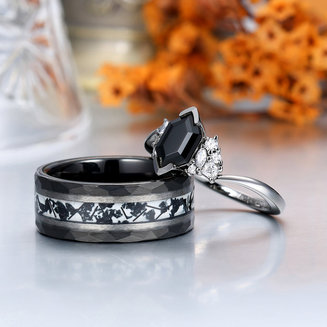 Noble Natural Black Onyx Accents Engagement Couples Ring Promise Wedding Bands For Men And Women