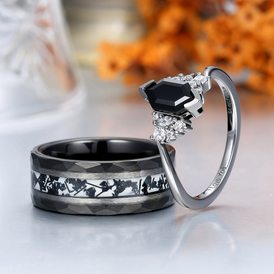 Noble Natural Black Onyx Accents Engagement Couples Ring Promise Wedding Bands For Men And Women