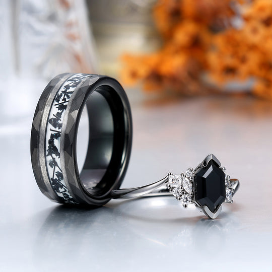 Noble Natural Black Onyx Accents Engagement Couples Ring Promise Wedding Bands For Men And Women