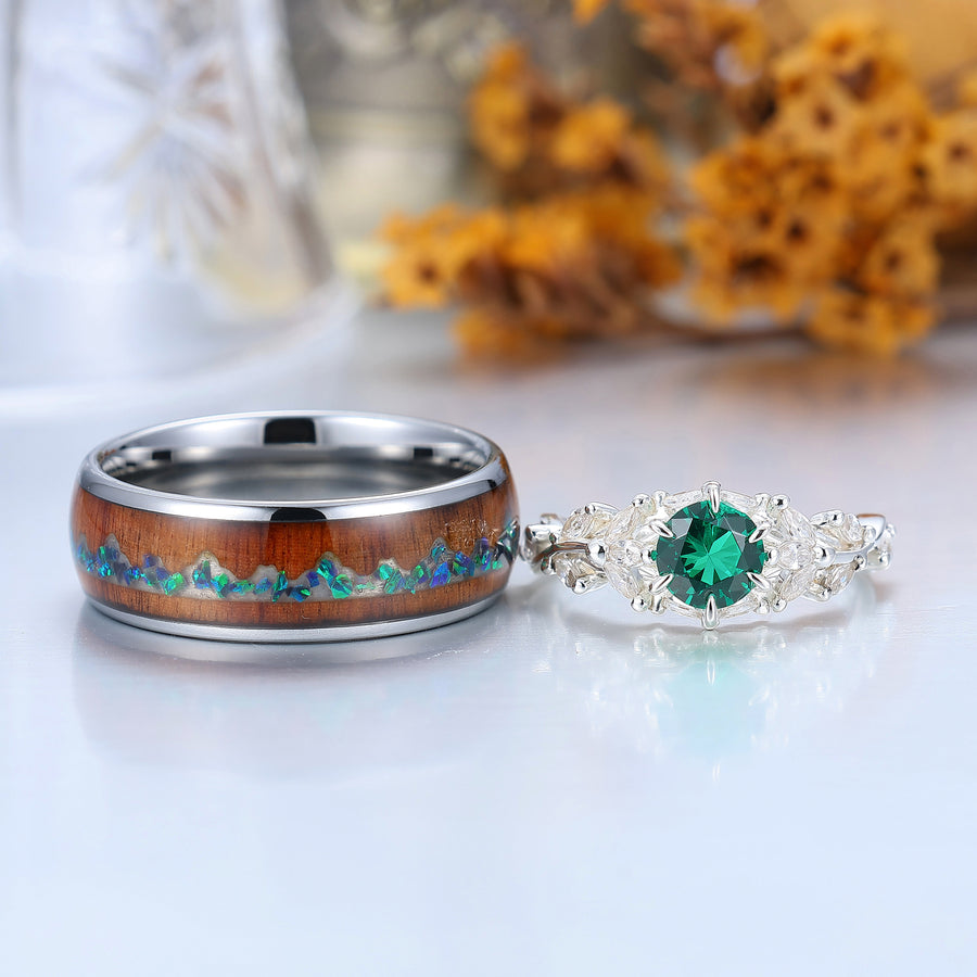 Artsy Branches Emerald Engagement His and Hers Wedding Rings Wood Tungsten Promise Couple Rings Set -  Esdomera.com