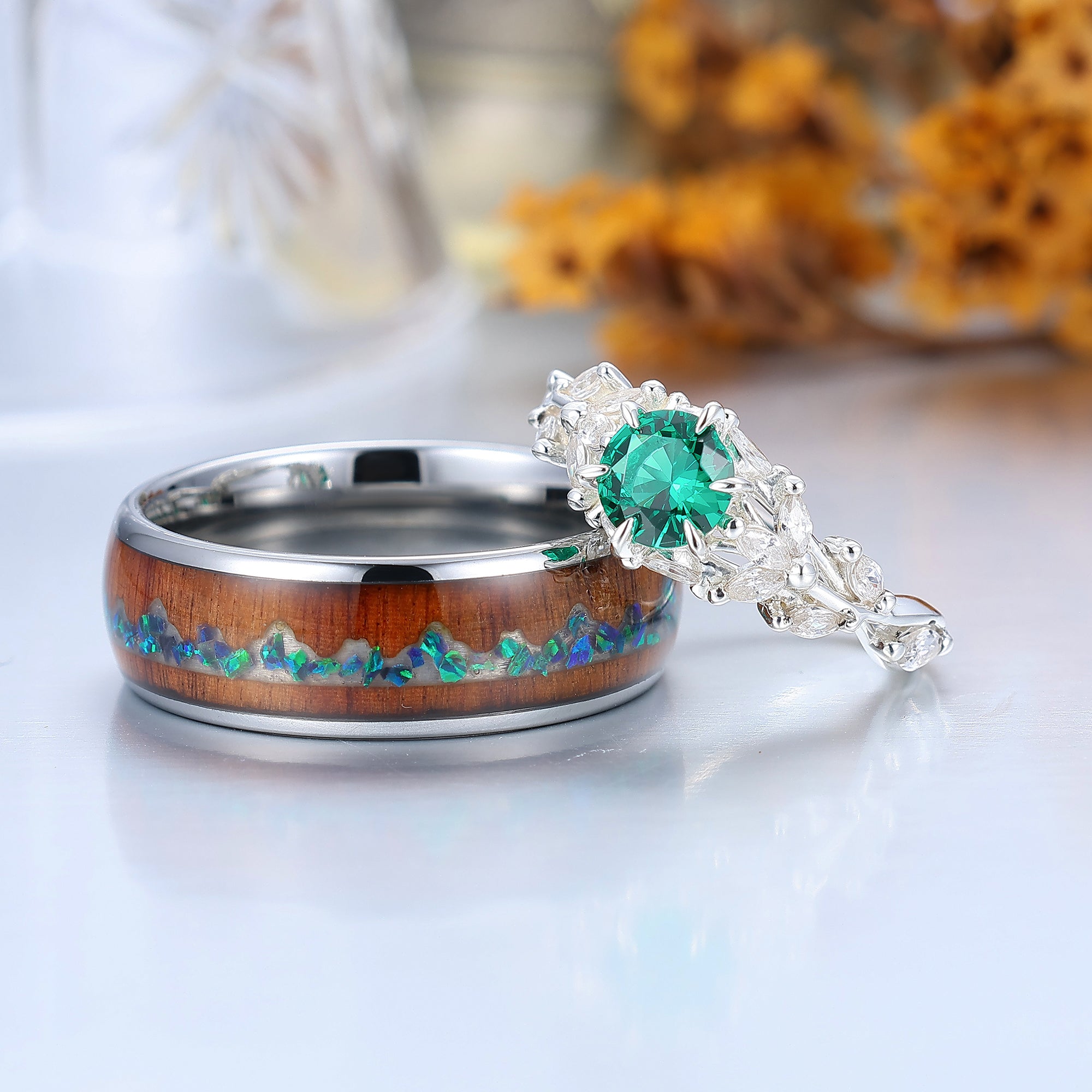Artsy Branches Emerald Engagement His and Hers Wedding Rings Wood