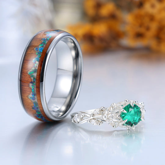 Artsy Branches Emerald Engagement His and Hers Wedding Rings Wood Tungsten Promise Couple Rings Set