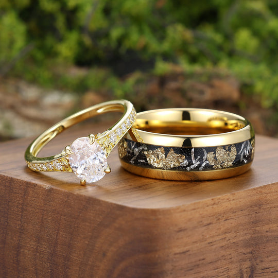 Brillant-Milgrain-Moissanit-Paarringe, Silber und Wolfram – Goldplattiertes Ringset