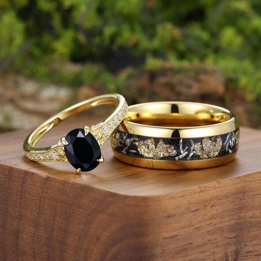 Künstlerische Halb-Eternity Pärchenringe, Schwarzer Onyx mit Perlrand, Vergoldet, Für Ihn Und Sie