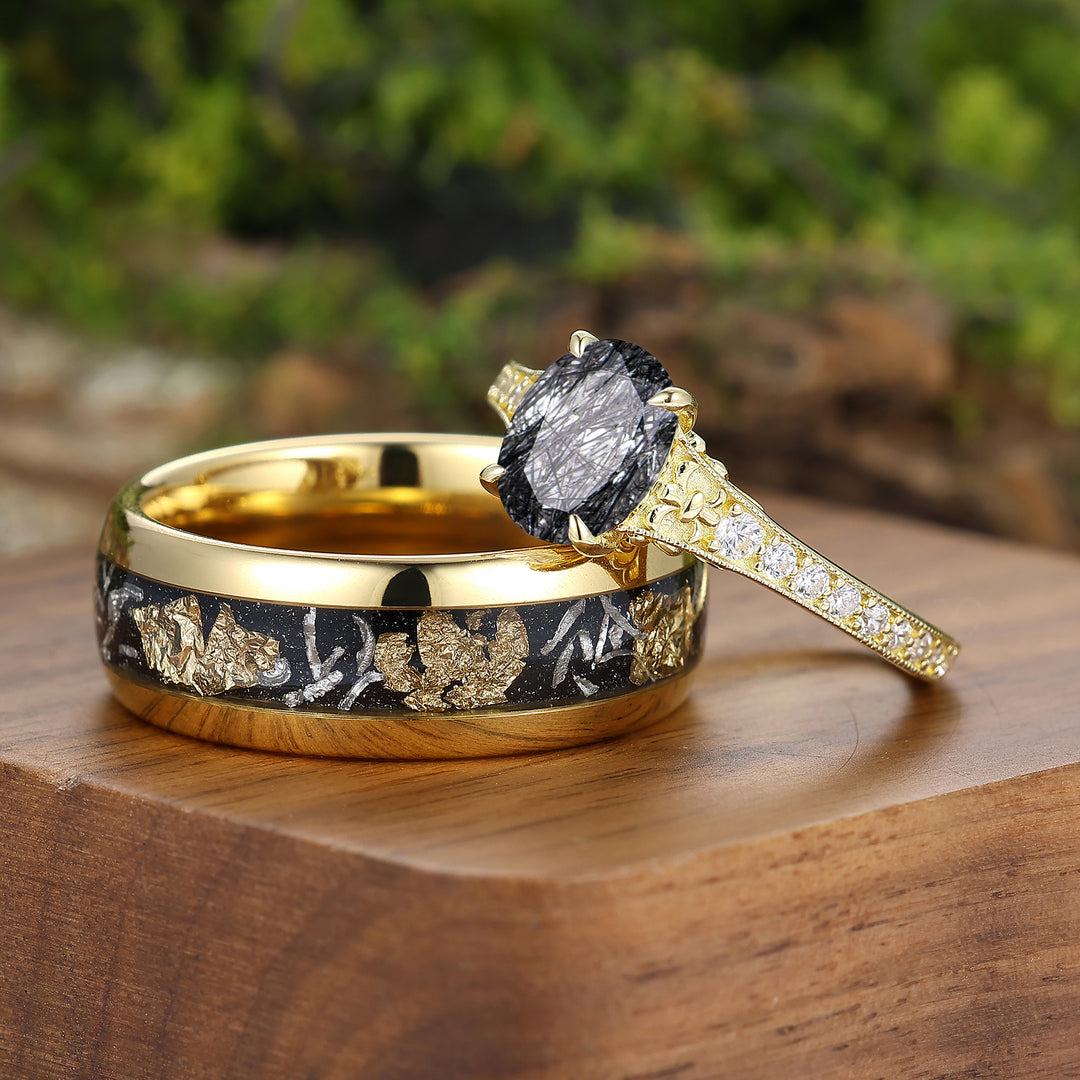 Barockinspirierte Vergoldete Paarringe Mit Schwarzem Rutilquarz Und Perlrand, Passendes Ring-Set