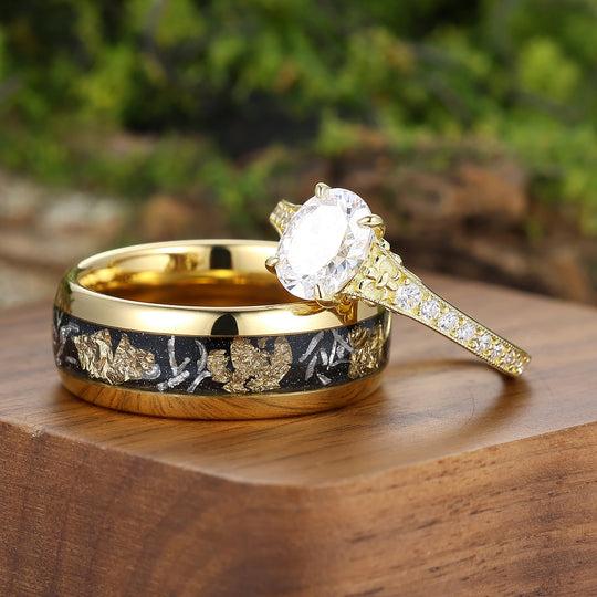 Brillant-Milgrain-Moissanit-Paarringe, Silber und Wolfram – Goldplattiertes Ringset