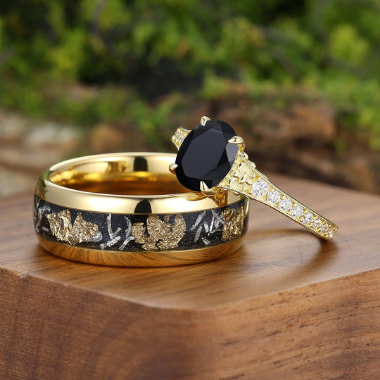 Künstlerische Halb-Eternity Pärchenringe, Schwarzer Onyx mit Perlrand, Vergoldet, Für Ihn Und Sie