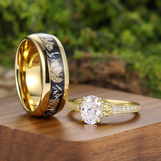 Brillant-Milgrain-Moissanit-Paarringe, Silber und Wolfram – Goldplattiertes Ringset