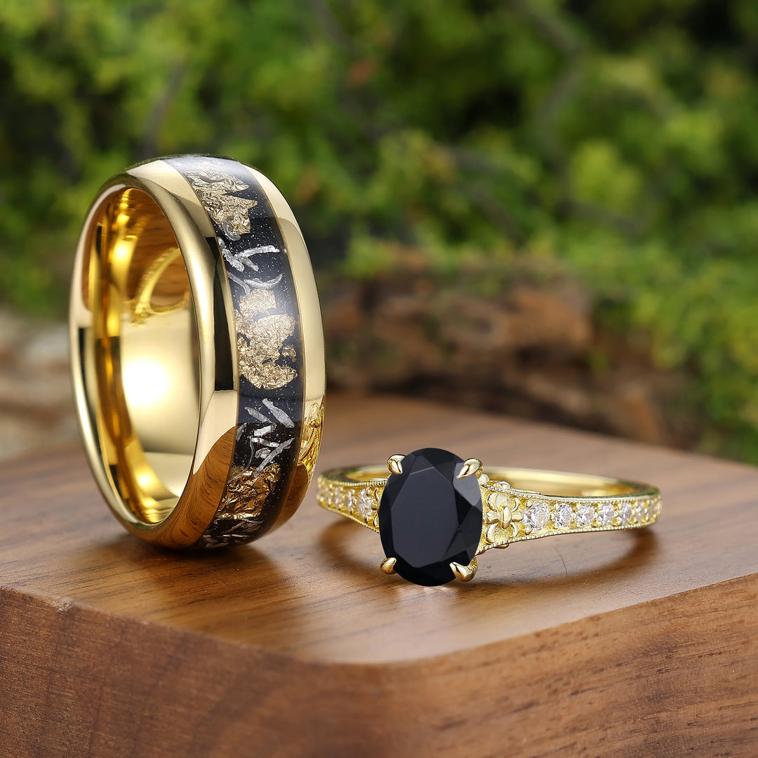 Künstlerische Halb-Eternity Pärchenringe, Schwarzer Onyx mit Perlrand, Vergoldet, Für Ihn Und Sie