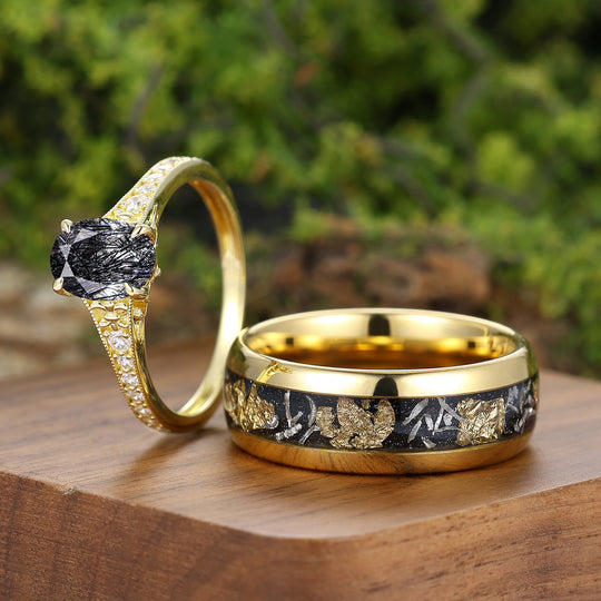 Barockinspirierte Vergoldete Paarringe Mit Schwarzem Rutilquarz Und Perlrand, Passendes Ring-Set