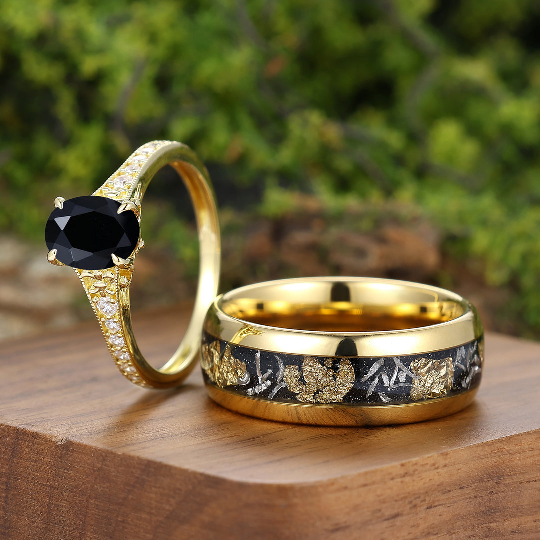 Künstlerische Halb-Eternity Pärchenringe, Schwarzer Onyx mit Perlrand, Vergoldet, Für Ihn Und Sie