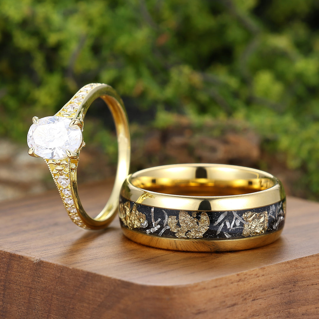 Brillant-Milgrain-Moissanit-Paarringe, Silber und Wolfram – Goldplattiertes Ringset