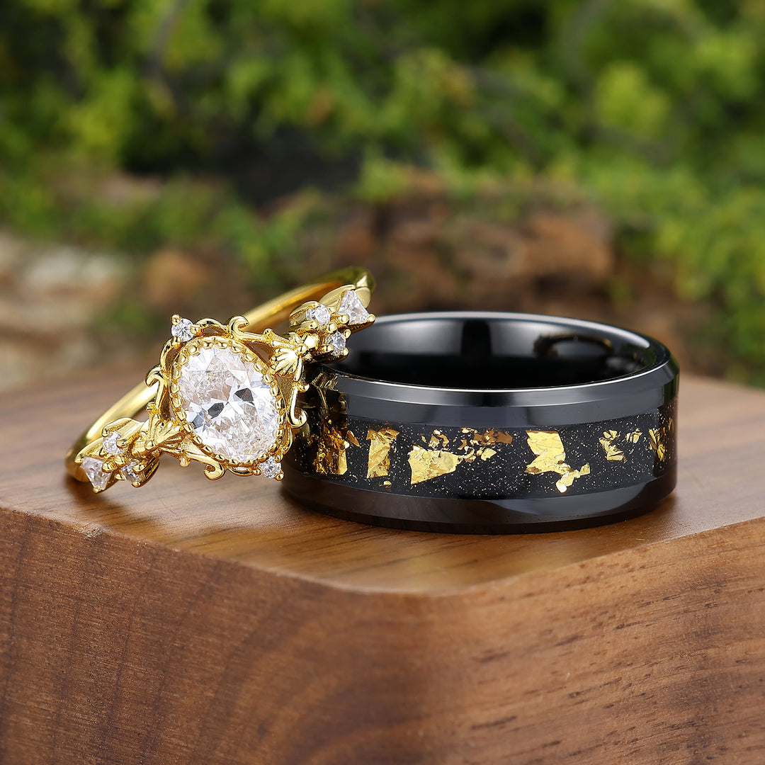 Baroque-inspired Oval Moissanite Couples Ring Dainty Yellow Gold His And Hers Matching Rings