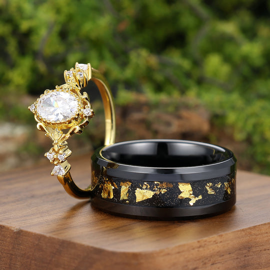 Baroque-inspired Oval Moissanite Couples Ring Dainty Yellow Gold His And Hers Matching Rings