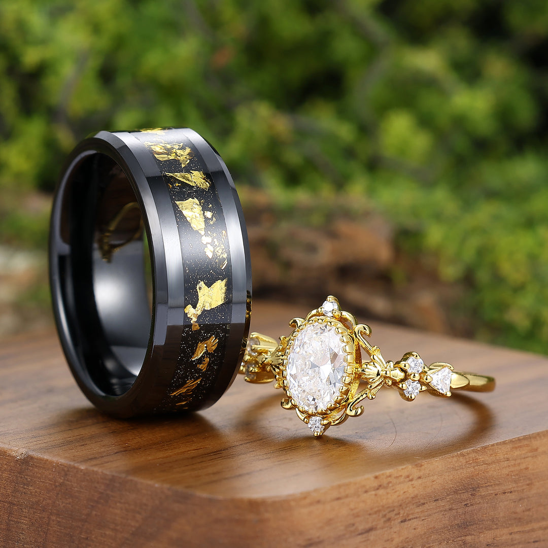 Baroque-inspired Oval Moissanite Couples Ring Dainty Yellow Gold His And Hers Matching Rings