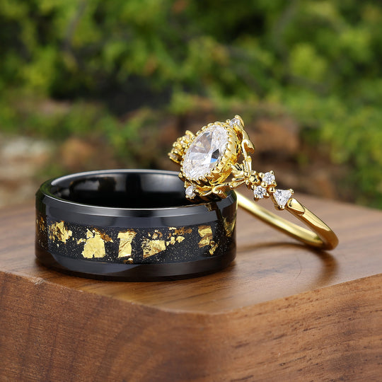 Baroque-inspired Oval Moissanite Couples Ring Dainty Yellow Gold His And Hers Matching Rings