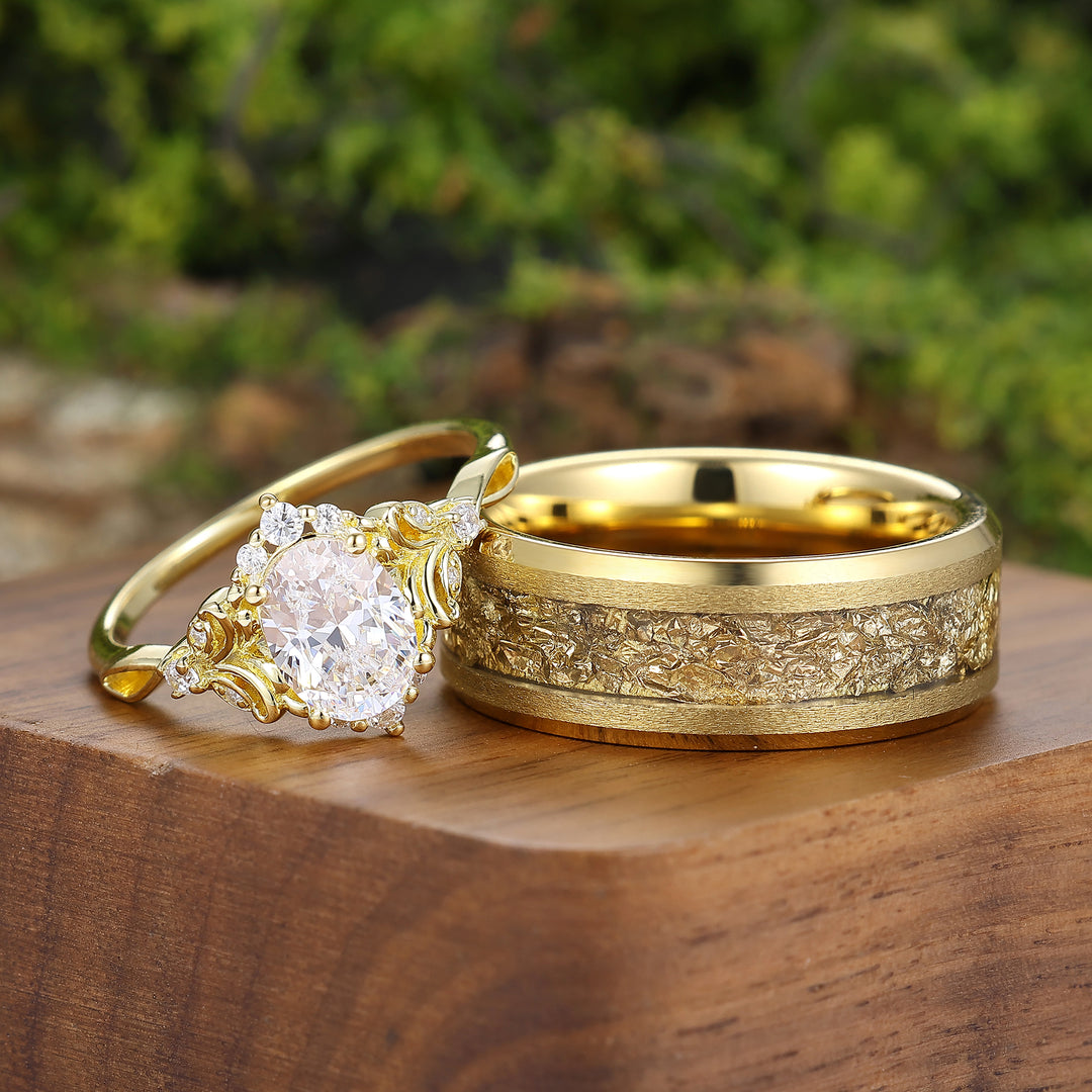 Brillante Florale Ovale Moissanit-Paarringe – Einzigartiges Goldplattiertes Ring-Set Für Paare