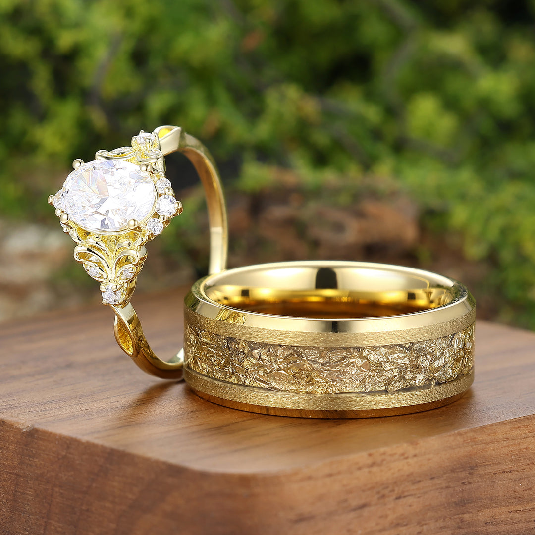 Brillante Florale Ovale Moissanit-Paarringe – Einzigartiges Goldplattiertes Ring-Set Für Paare