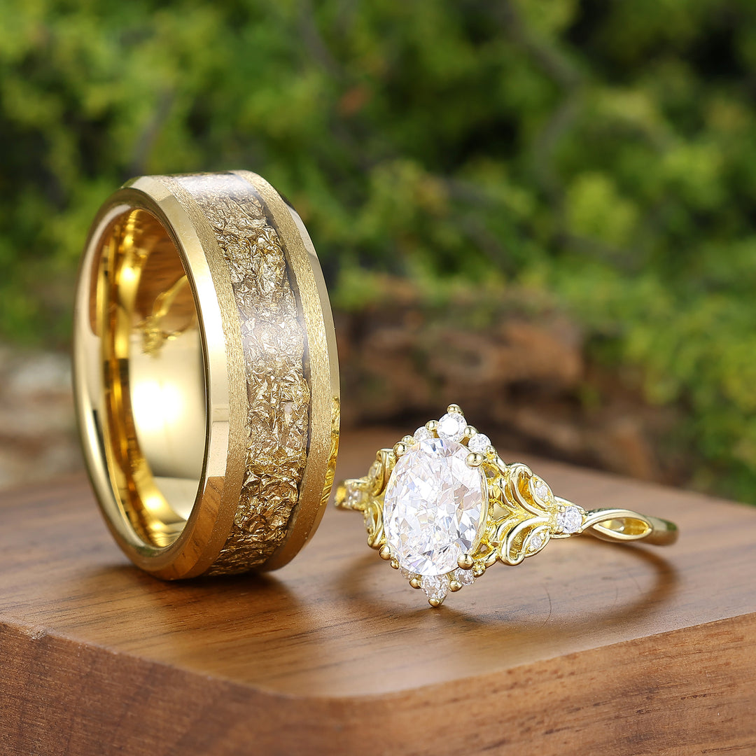 Brillante Florale Ovale Moissanit-Paarringe – Einzigartiges Goldplattiertes Ring-Set Für Paare