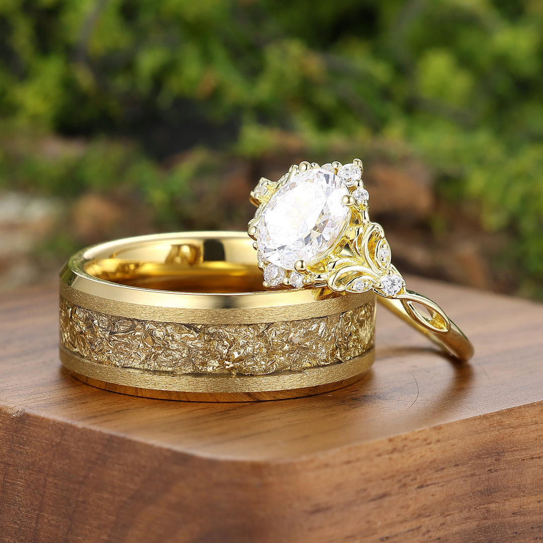 Brillante Florale Ovale Moissanit-Paarringe – Einzigartiges Goldplattiertes Ring-Set Für Paare