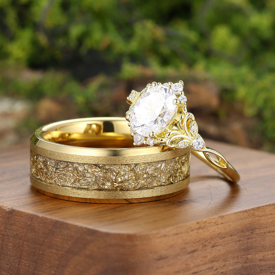 Brillante Florale Ovale Moissanit-Paarringe – Einzigartiges Goldplattiertes Ring-Set Für Paare