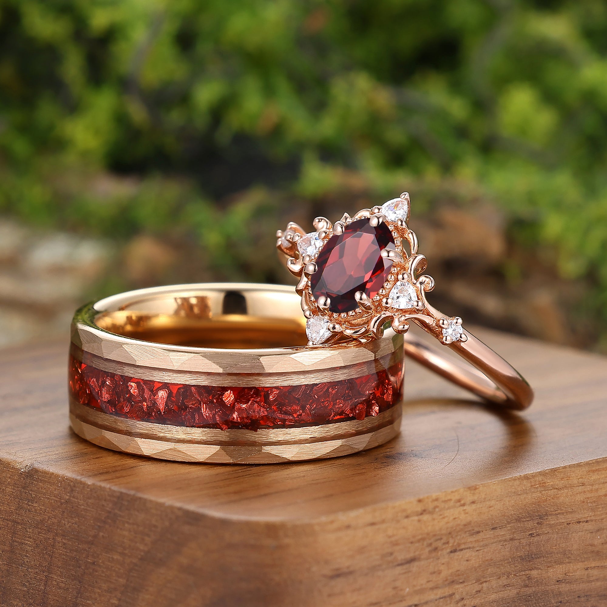 Antique Oval Shape Red Garnet Milgrained Filigreed Couple Rings Rose G