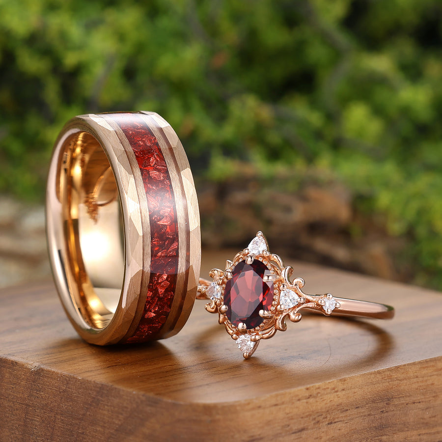 Antique Oval Shape Red Garnet Milgrained Filigreed Couple Rings Rose Gold Plated His And Hers Rings