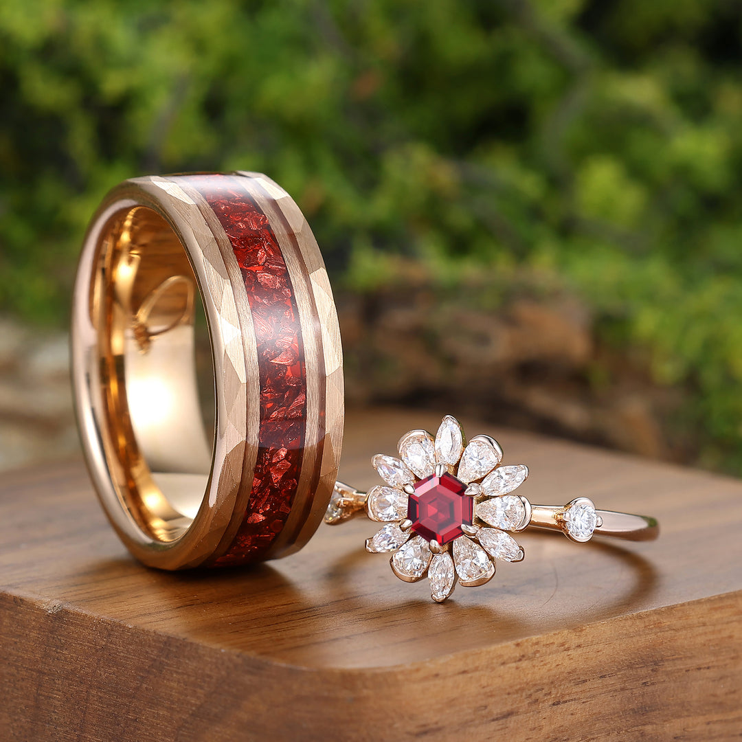 Floral Bloom Design Natural Red Garnet Couple Rings Rose Gold Plated His And Hers Rings
