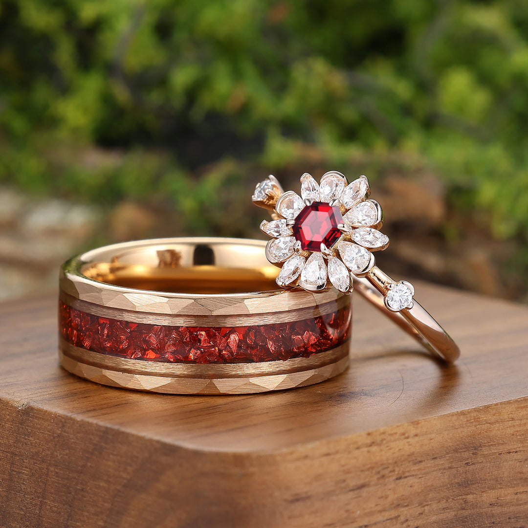 Floral Bloom Design Natural Red Garnet Couple Rings Rose Gold Plated His And Hers Rings