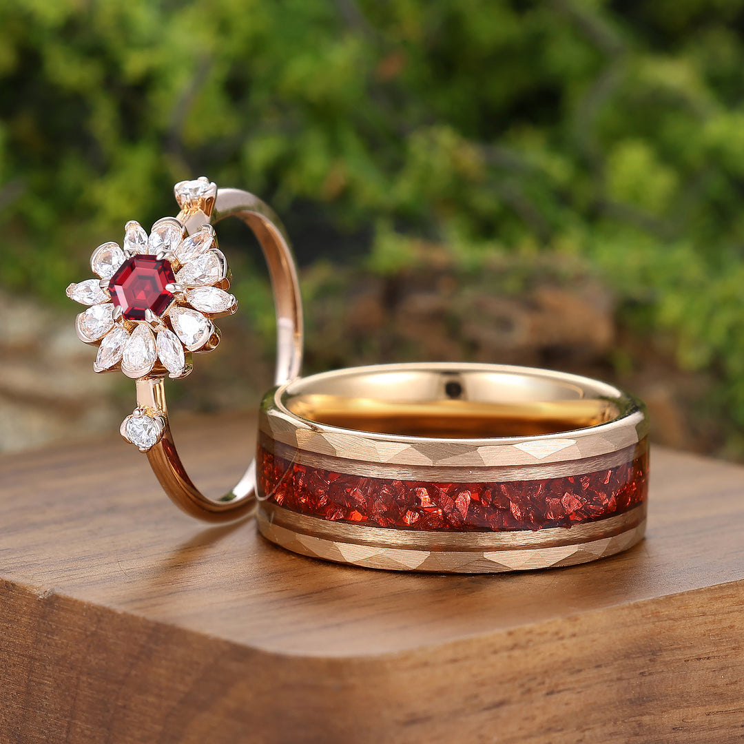 Floral Bloom Design Natural Red Garnet Couple Rings Rose Gold Plated His And Hers Rings