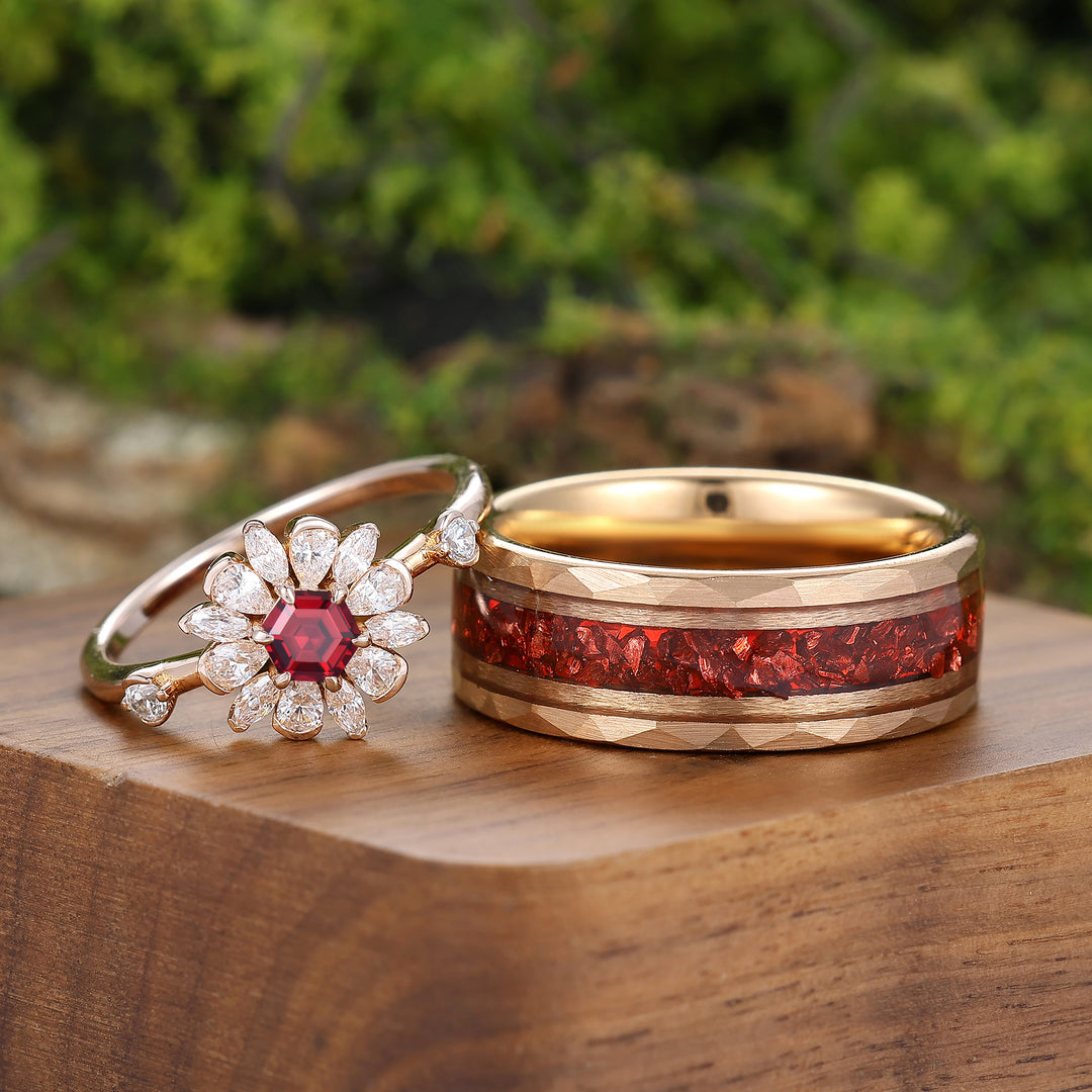 Floral Bloom Design Natural Red Garnet Couple Rings Rose Gold Plated His And Hers Rings