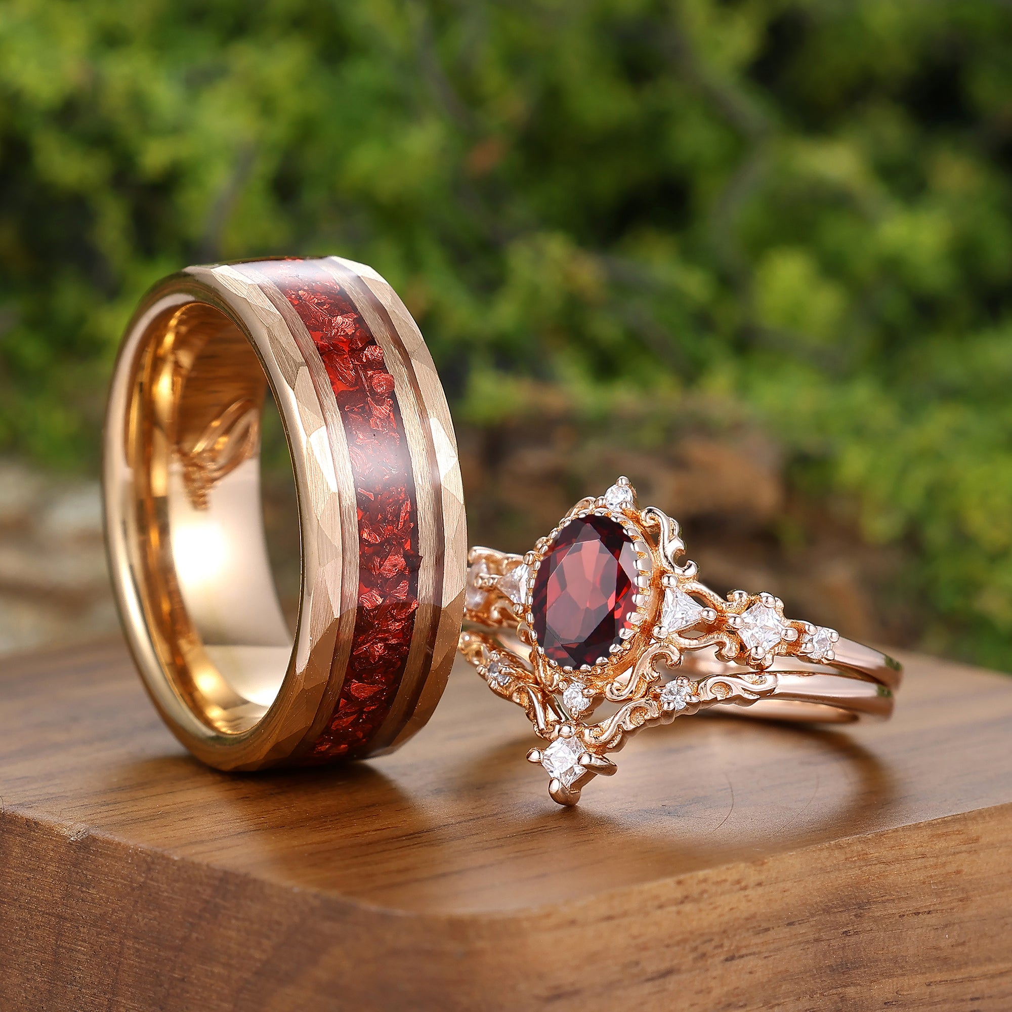 Baroque-inspired Oval Cut Natural Red Garnet His And Hers Rings