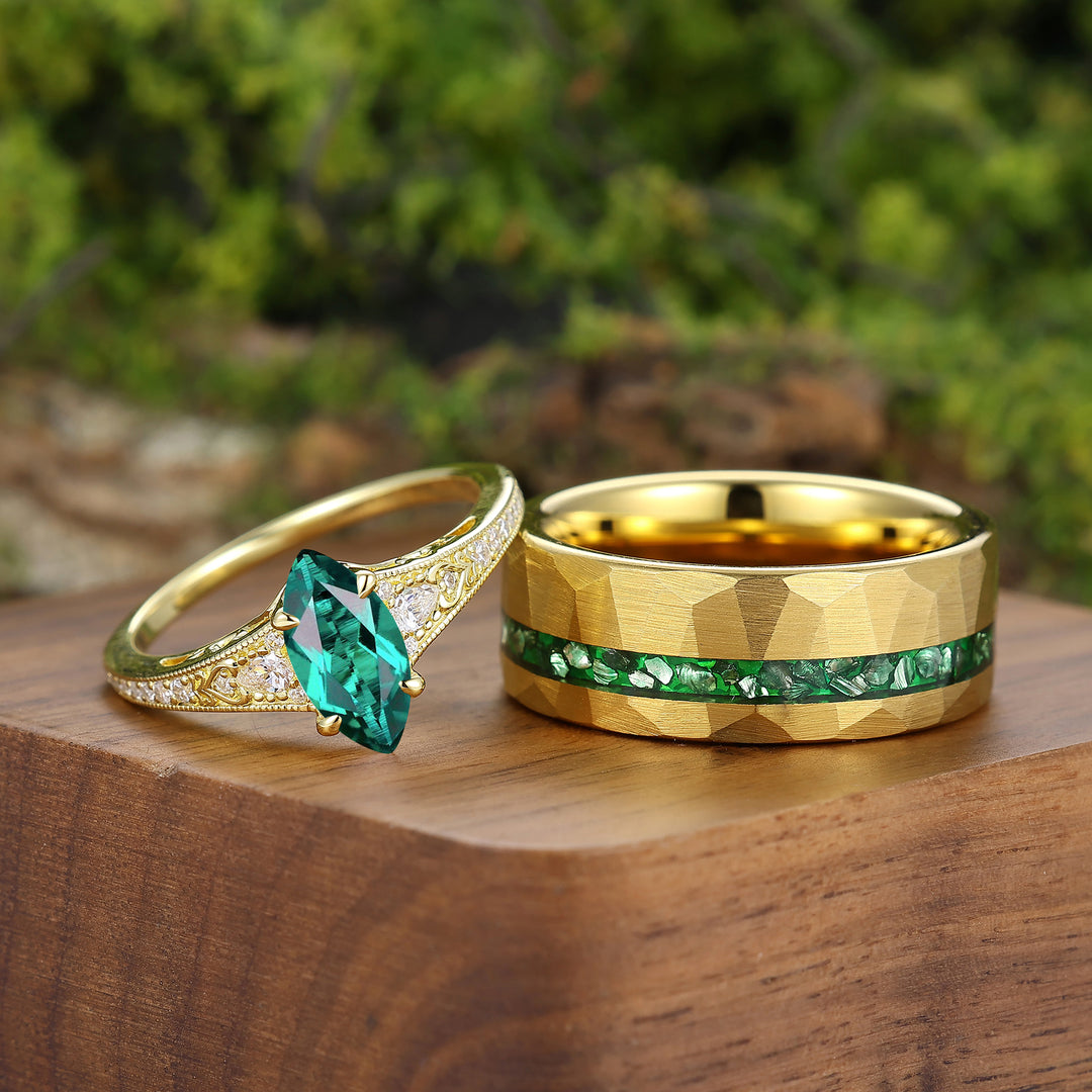 Exquisite Milgrained Marquise Emerald Half Eternity Couple Rings Gold Plated His And Hers Rings