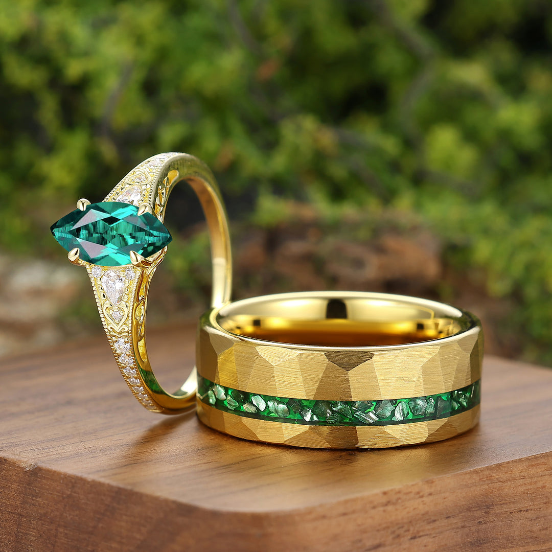 Exquisite Milgrained Marquise Emerald Half Eternity Couple Rings Gold Plated His And Hers Rings