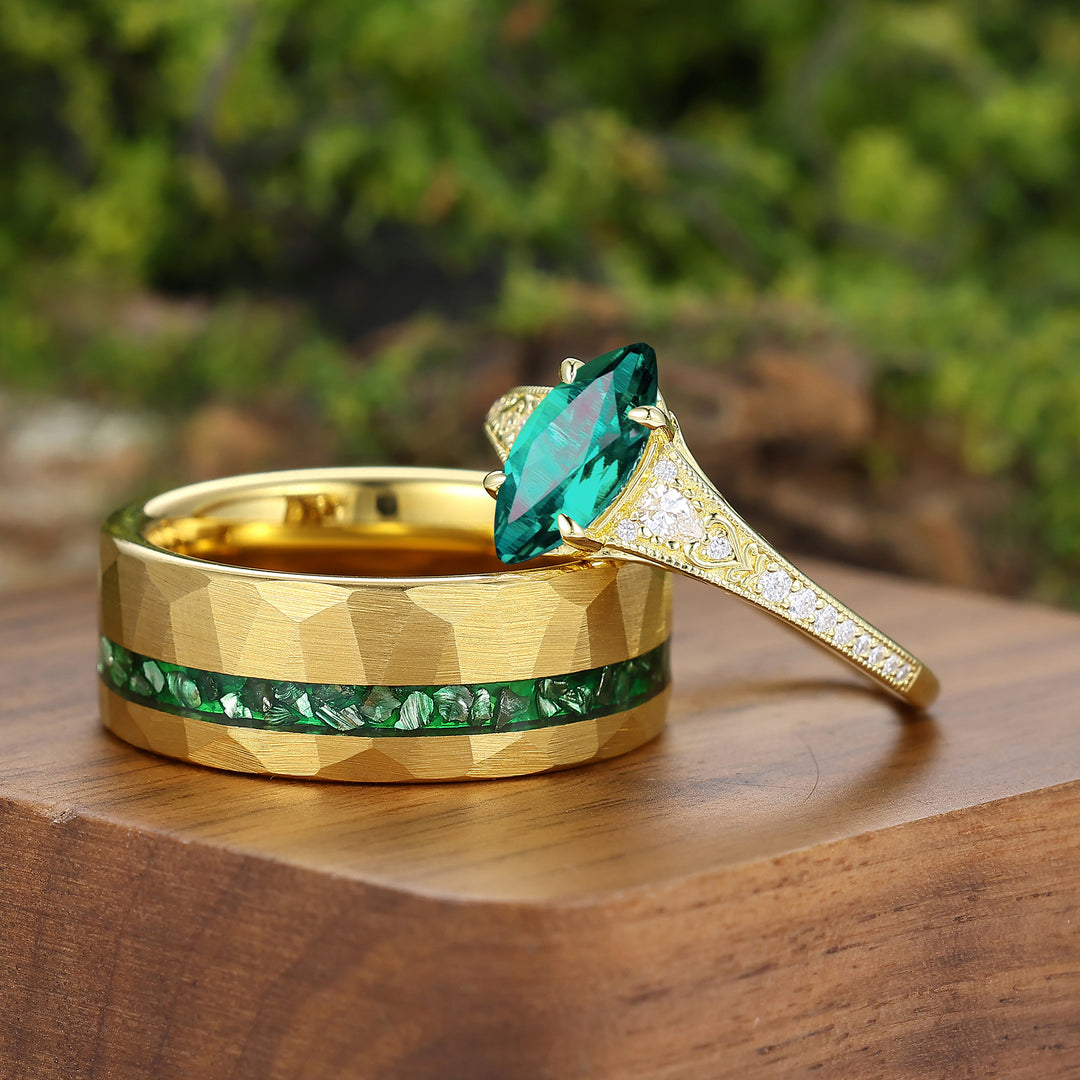 Exquisite Milgrained Marquise Emerald Half Eternity Couple Rings Gold Plated His And Hers Rings