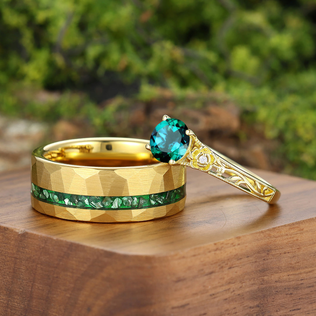 Openwork Foral Design Emerald Couple Rings Milgrained Engraved Floral His And Hers Rings