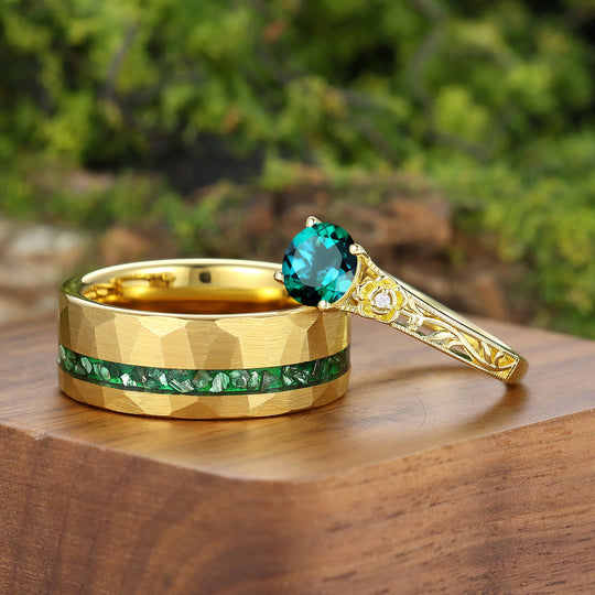 Openwork Foral Design Emerald Couple Rings Milgrained Engraved Floral His And Hers Rings