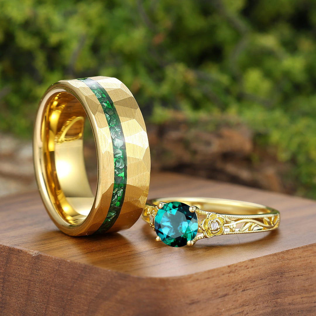 Openwork Foral Design Emerald Couple Rings Milgrained Engraved Floral His And Hers Rings